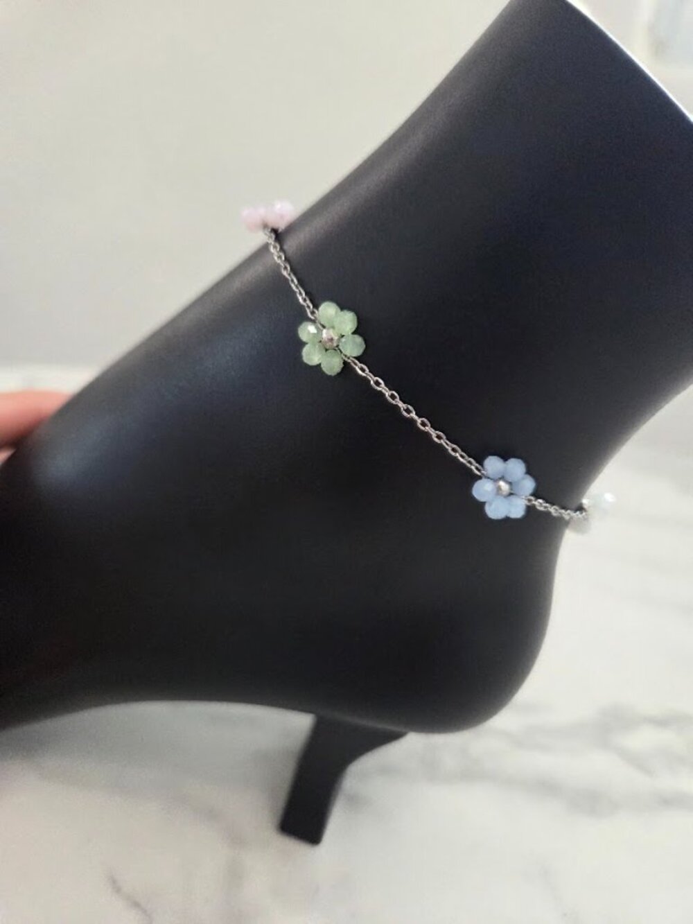 Dainty Pastel Flower Anklet Silver Tone Pink Blue Green Floral Ankle Bracelet - Picture 6 of 17